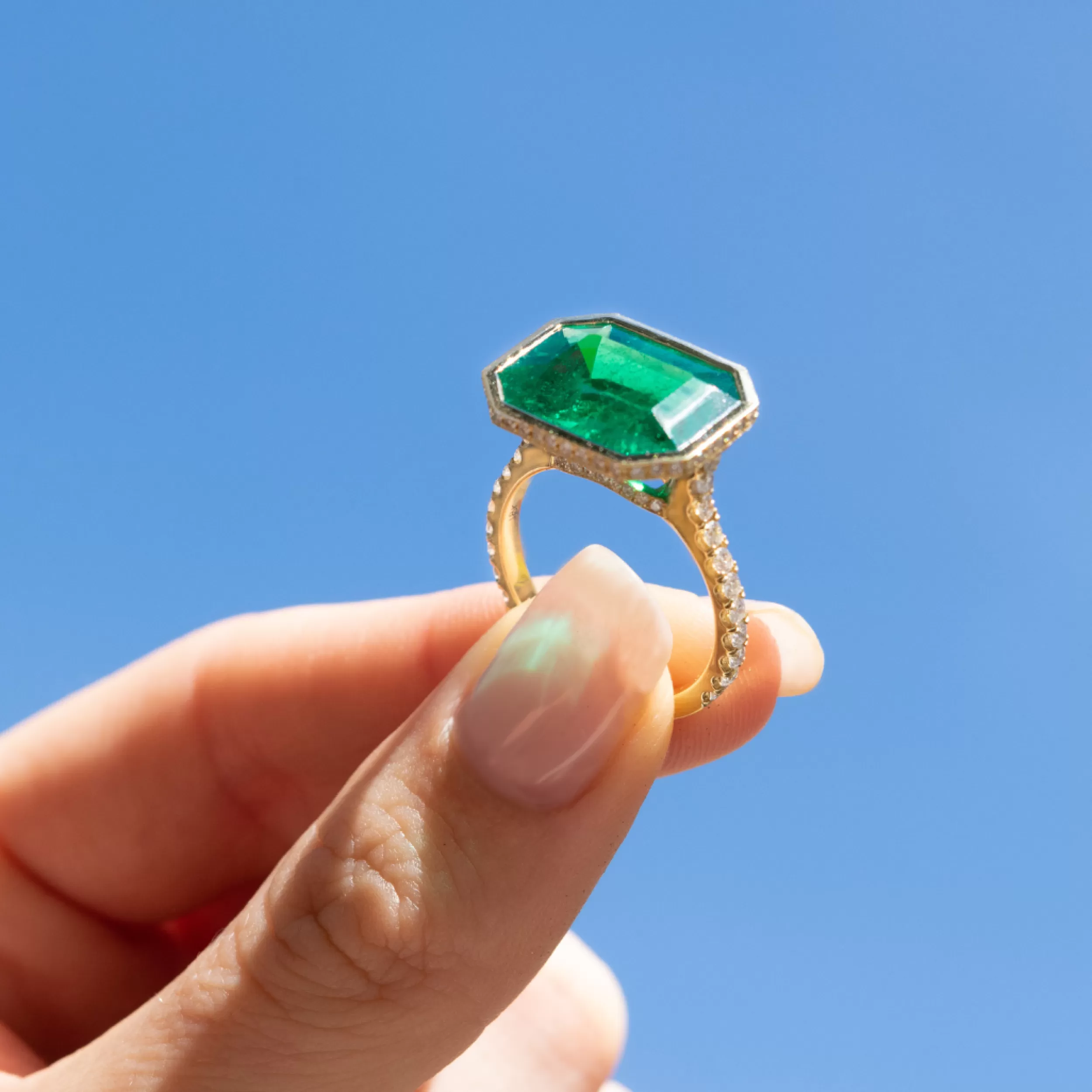 Anita Ko One Of A Kind^BEZELED EMERALD CUT EMERALD RING WITH DIAMOND BASKET AND BAND